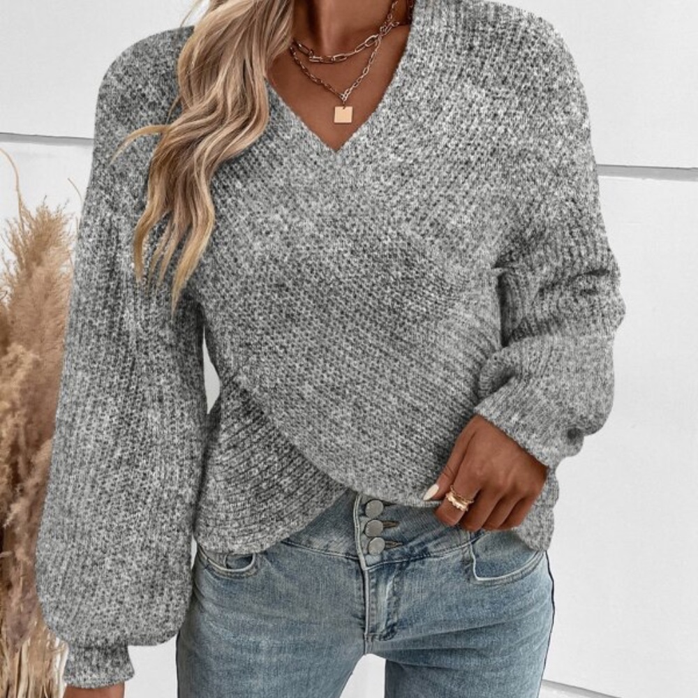SOLD OUT Gray Cross Wrap Style Knit Long Sleeve Marled Pullover Sweater - Picture 1 of 3